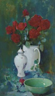 Soren Emil Carlsen - Still Life, Roses and Oriental Vases