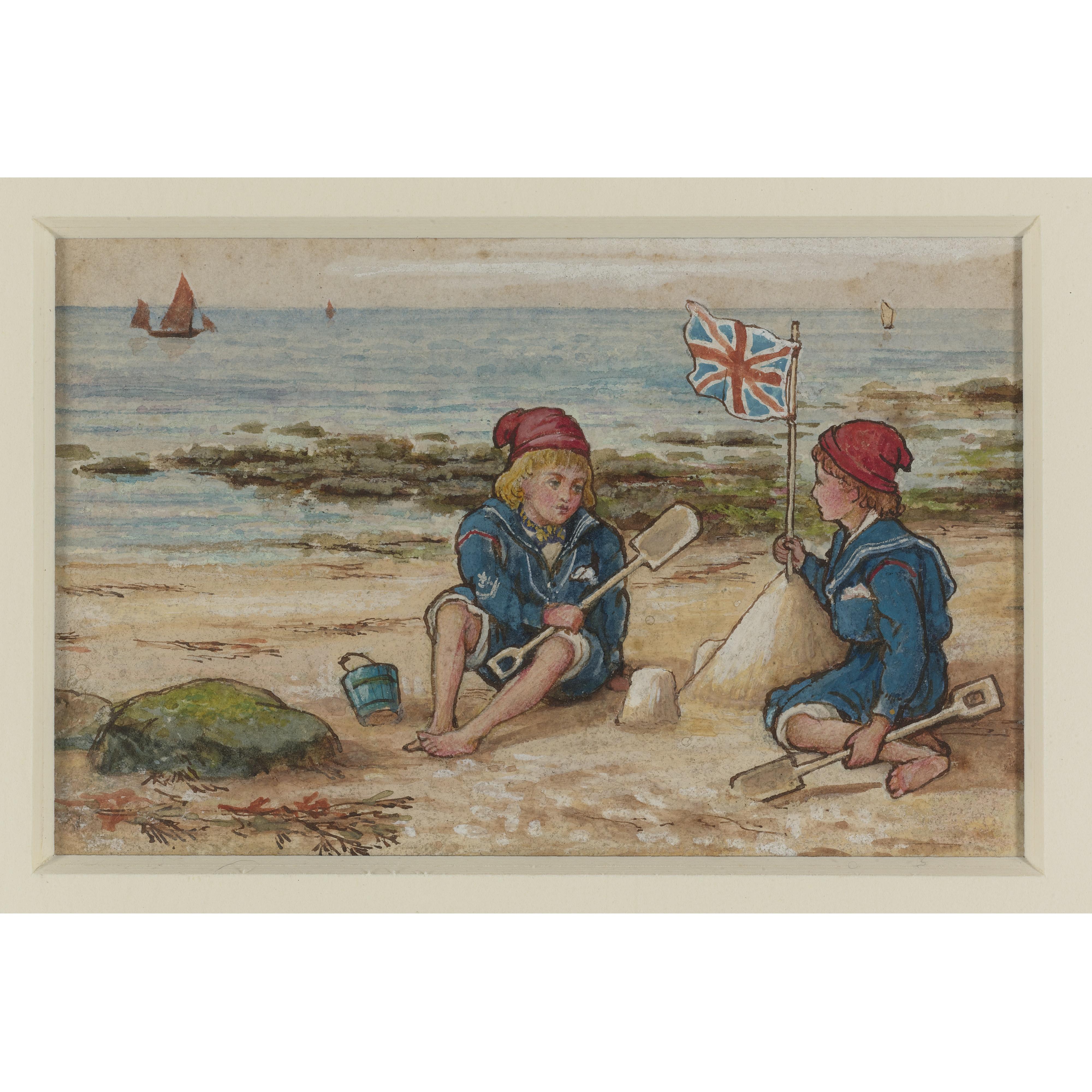 Sowerby, John G. - Three illustrations, comprising: i) Two children on a beach ii) vignette of two peacock feathers and china iii) vignette of fan and vase on a shelf