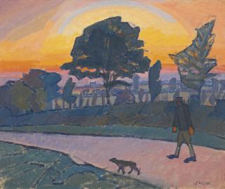 Spencer Frederick Gore - Sunset, Letchworth, With Man And Dog