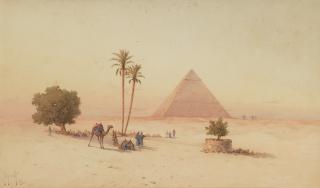 Spyridon Scarvelli - Figures and camels resting near a pyramid, Cairo; View of Luxor from the Nile, a set of two