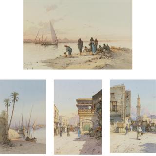 Spyridon Scarvelli - Greek Mousky Street; A Sibyl On Mousky; View Of The Nile At Gizireh; View Of The Dashur Pyramids (4 Works)