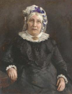 Stanhope Alexander Forbes, R. A. - Portrait of a lady, seated three-quarter-length, in a black dress and lace bonnet