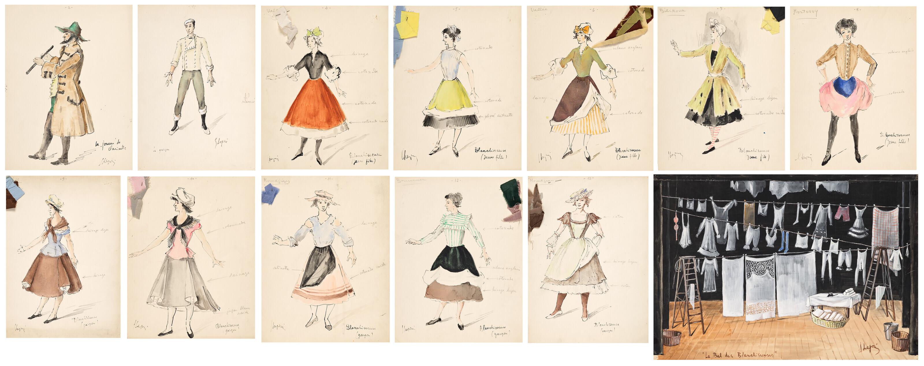 Stanislao Lepri - Maquettes de costumes (i à xii) et de décor (xiii) pour \'\'Le Bal des blanchisseuses\'\'