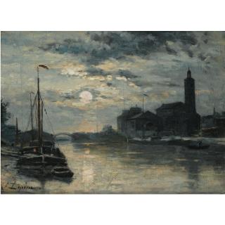 Stanislas Lépine - Le Canal De L\'Ourcq, L\'Église Saint-Christophe, Vue Du Quai De La Marne. Effet De Lune