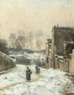 Stanislas Victor Edouard Lépine - Figures in the snow, La Rue Cortot, Montmartre