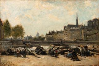 Stanislas-Victor-Edouard Lépine - Le marché aux pommes, Quai de Gesvres et Quai de l\'Hôtel de Ville, près du Pont D\'Arcole