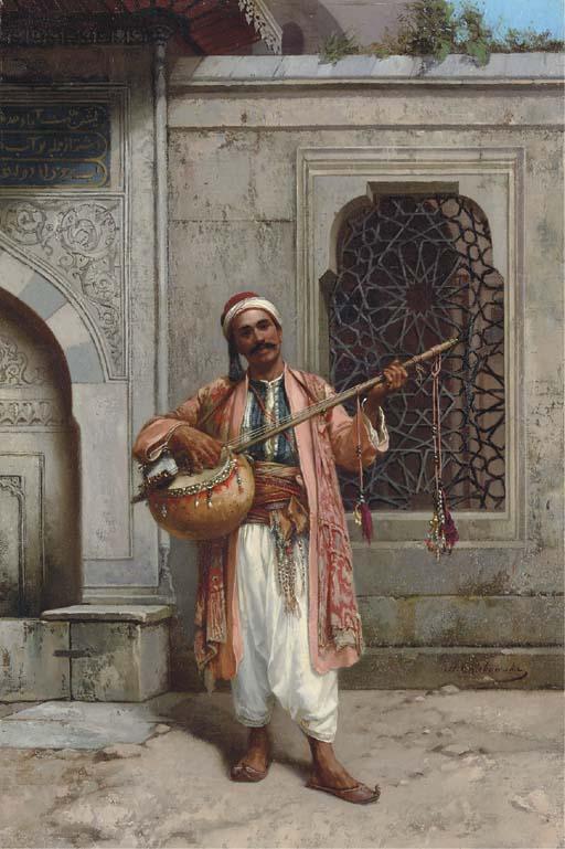Stanislaus von Chlebowski - A Musician playing before a Mosque in Constantinople