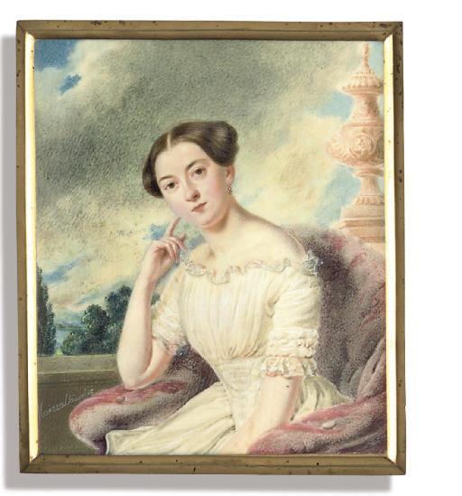 Stanislaw Marszalkiewicz - Princess Golitsyna, in white dress with frilled collar and sleeves, smocked bodice, seated in red velvet chair leaning on her right elbow, her dark hair upswept; landscape and sky background