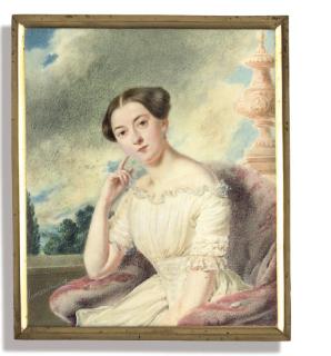 Stanislaw Marszalkiewicz - Princess Golitsyna, in white dress with frilled collar and sleeves, smocked bodice, seated in red velvet chair leaning on her right elbow, her dark hair upswept; landscape and sky background