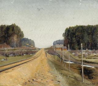 Stanislaw Zukowski - Landschaft mit der Eisenbahn im Bau