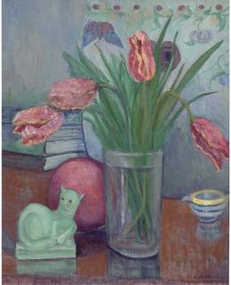 Stanislawa de Karlowska - Still Life With Tulips And Sculpture By Henri Gaudier Brzeska