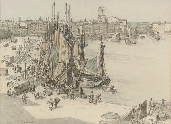 Stanley Anderson, A.R.A. - Bustling activity on the quayside, La Rochelle