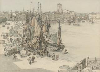 Stanley Anderson, A.R.A. - Bustling activity on the quayside, La Rochelle