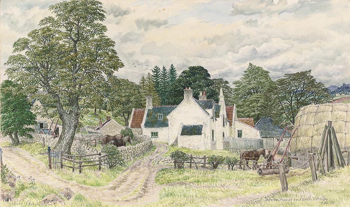 Stanley Roy Badmin, R.W.S. - Farmhouse in the Forth Valley, Stirling Castle in the distance