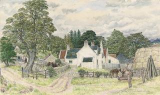 Stanley Roy Badmin, R.W.S. - Farmhouse in the Forth Valley, Stirling Castle in the distance