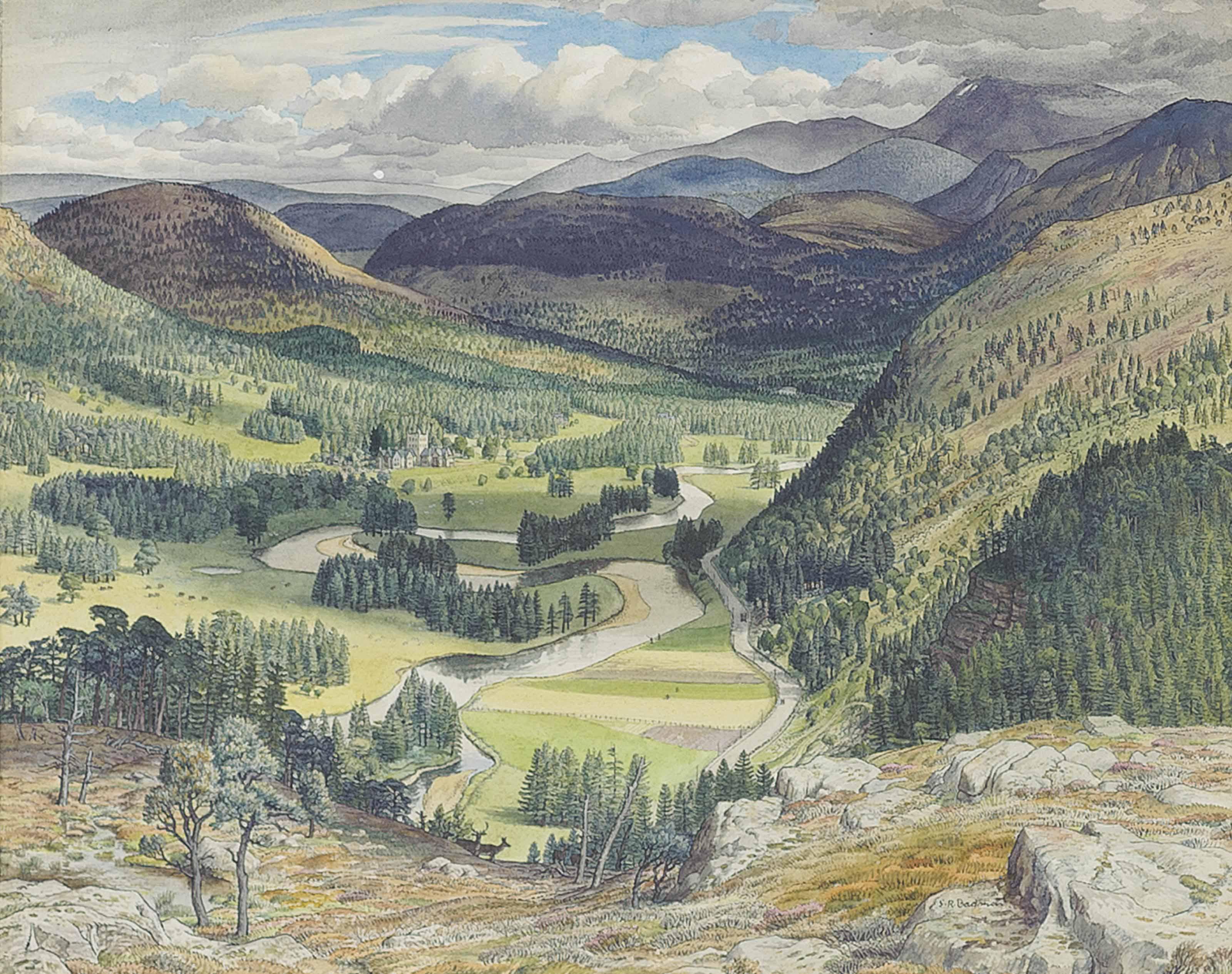 Stanley Roy Badmin - Extensive highland landscape with deer in the foreground