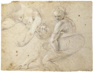 Stefano Danedi - Deux femmes nues assises (recto); Projet pour un cadre surmonté des armoiries d\'un pape (verso)