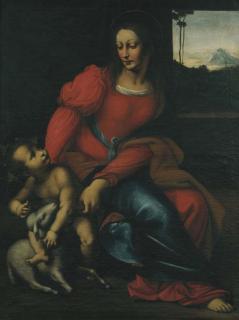 Stefano Danedi - Madonna con Bambino e agnello, un paesaggio in lontananza