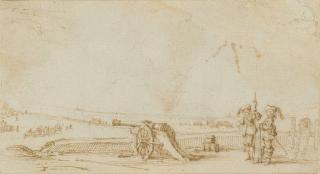 Stefano Della Bella - A Battle Scene With Soldiers Standing By Cannons, With Cavalry And Infantry Beyond