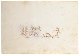 Stefano Della Bella - A cavalry skirmish: Three horsemen and a dead horse, after Jacques Callot