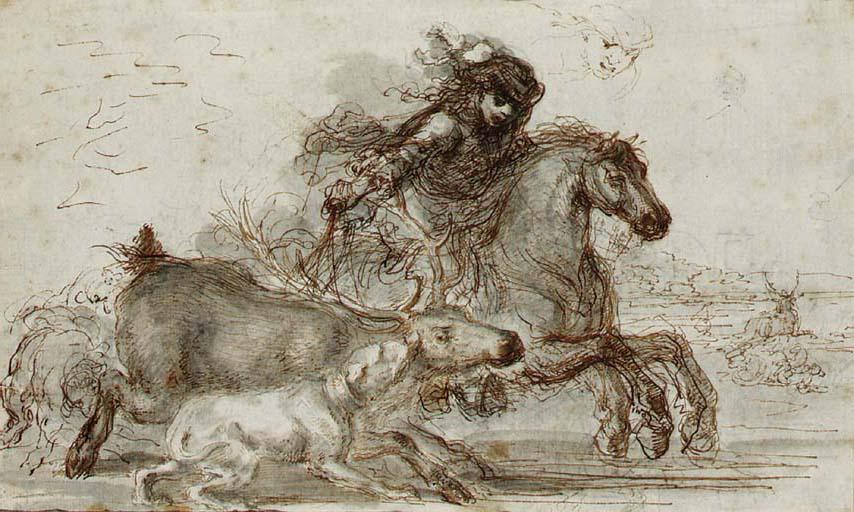 Stefano della Bella - A huntsman and two hounds overtaking a stag    with a subsidiary study of a the huntsman\'s head (recto); A partial tracing of the composition (verso)
