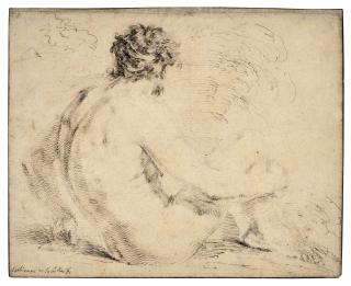 Stefano Della Bella - A seated male nude, seen from behind