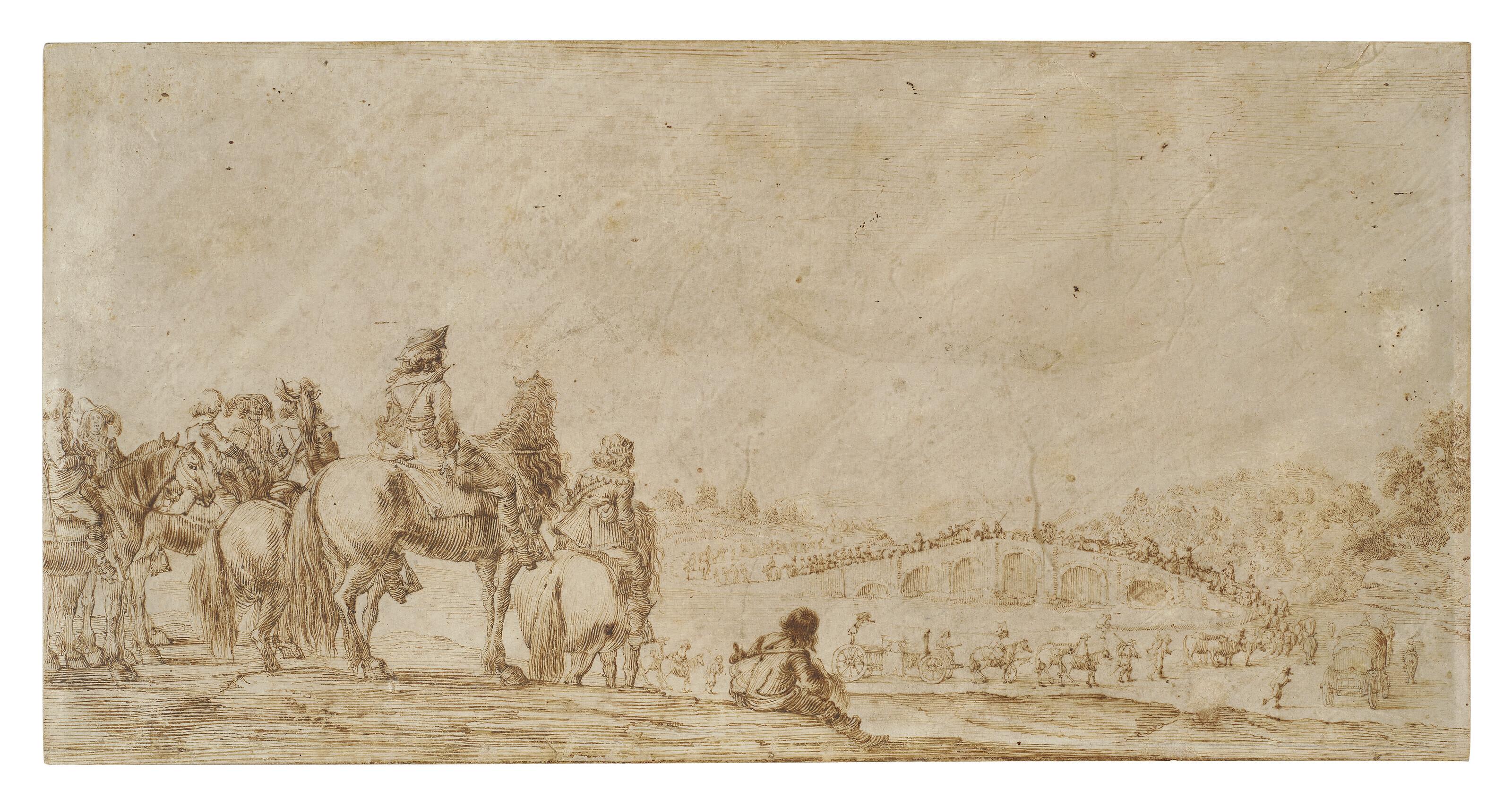 Stefano della Bella - A train of travelers on horseback and in carriages crossing a bridge, with onlookers