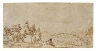Stefano della Bella - A train of travelers on horseback and in carriages crossing a bridge, with onlookers
