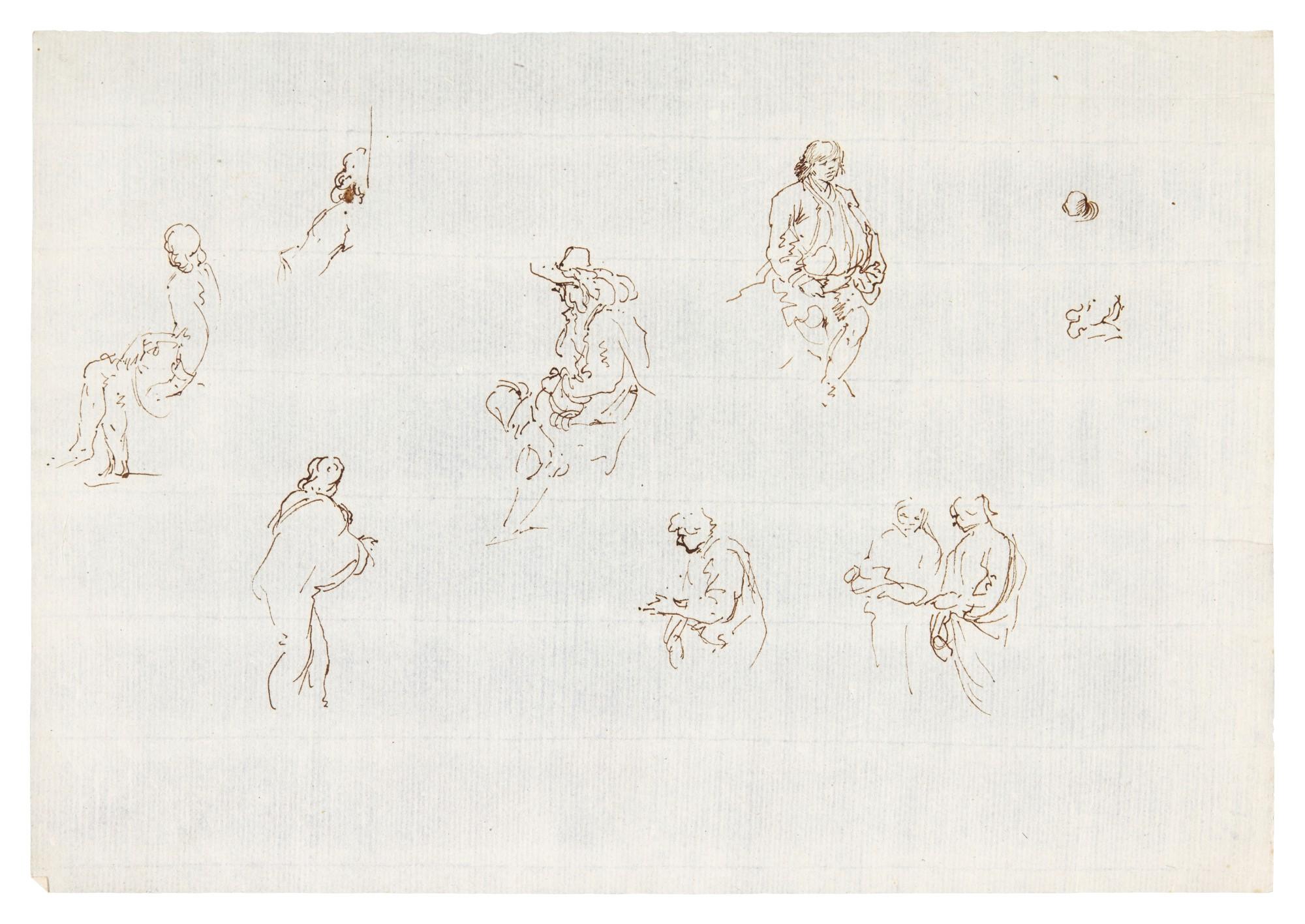 Stefano Della Bella - Five leaves of figure Studies from an album, including figures on horseback and gentlemen greeting each another