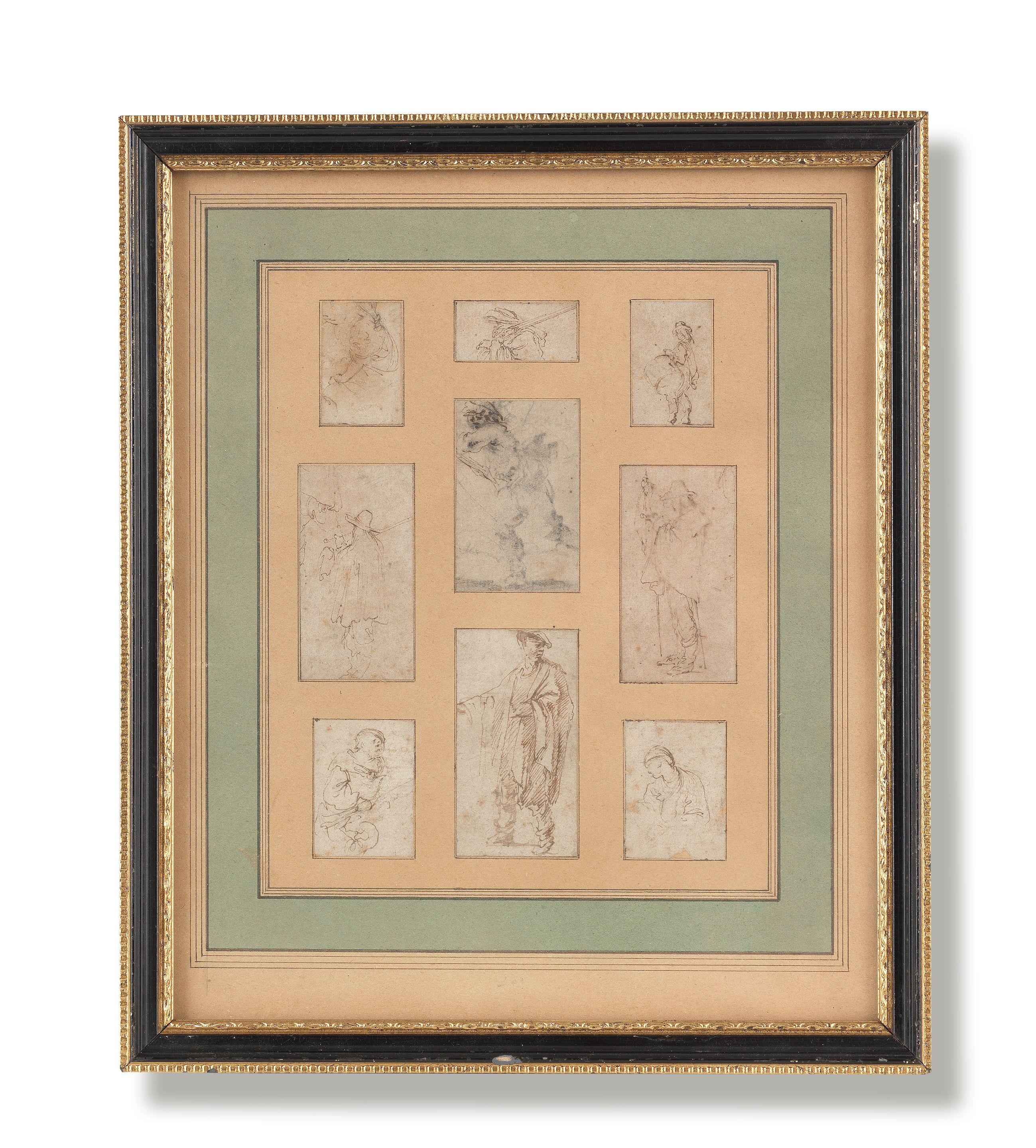 Stefano della Bella - Nine studies of men and smaller, overall sheet size 21.5 x 17.6cm (8 7/16 x 6 15/16in).