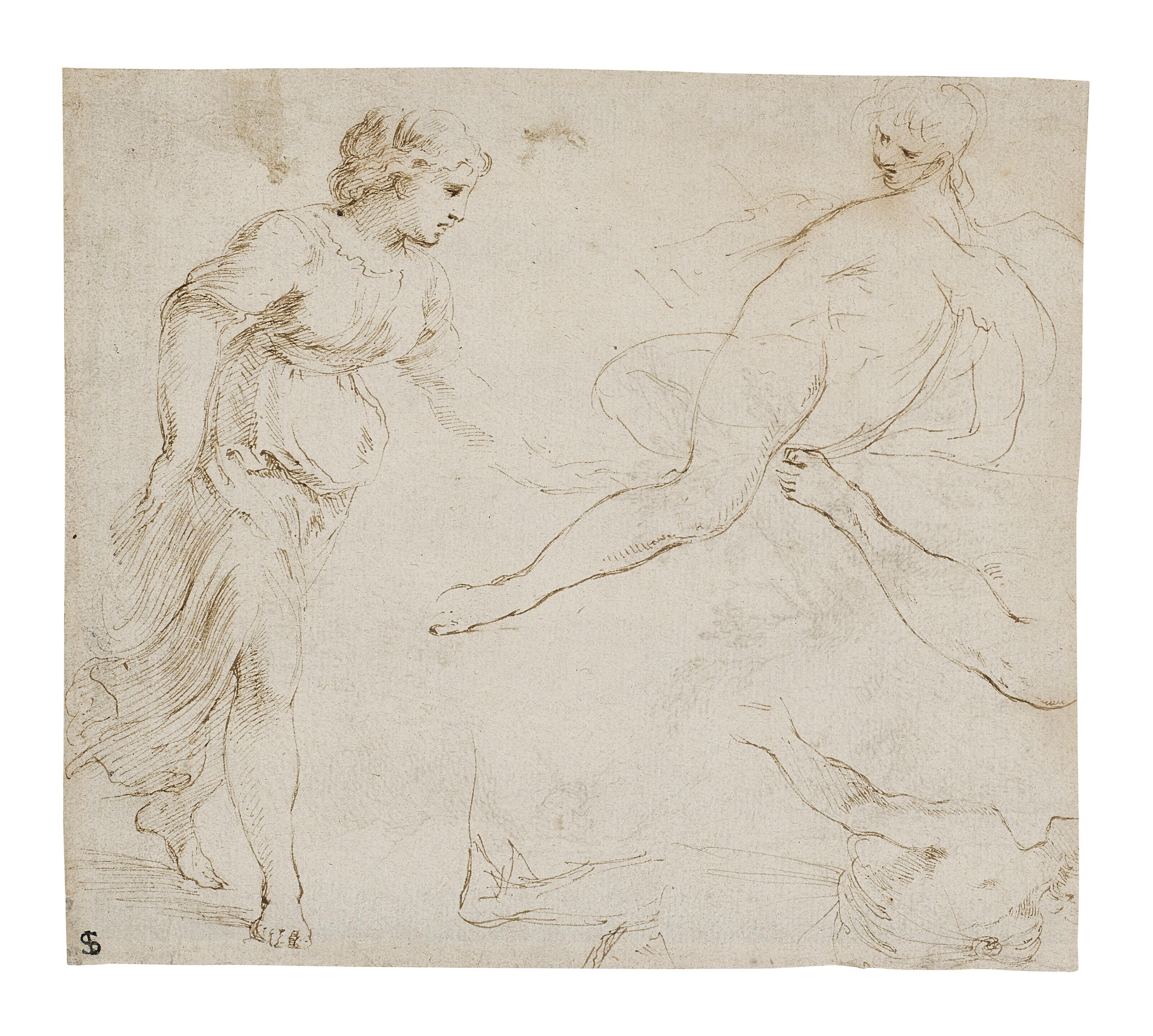 Stefano della Bella - Studies of a female figure in classical dress and studies of limbs (recto); A landscape with a seated figure (verso)