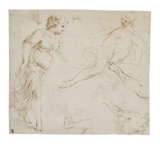Stefano della Bella - Studies of a female figure in classical dress and studies of limbs (recto); A landscape with a seated figure (verso)