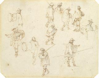 Stefano Della Bella - Studies of drummers, peasants and soldiers with swords and lances