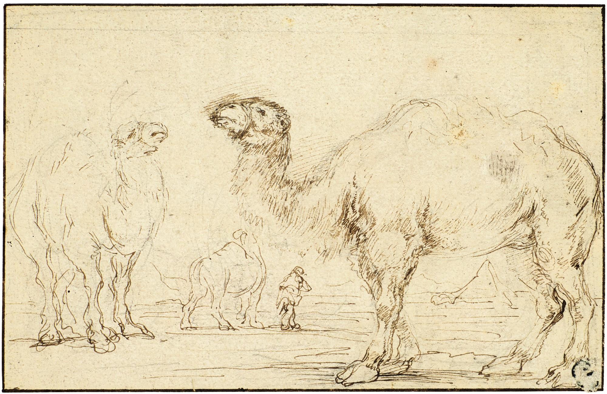 Stefano Della Bella - Three camels and their driver, a pyramid in the distance