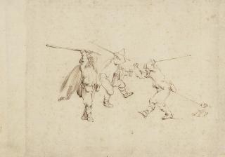 Stefano Della Bella - Three men fighting with sticks, with a dog tugging the right-hand figure