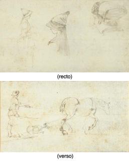 Stefano Della Bella - Three sudies of women\'s headdresses (recto), A peasant driving a sled drawn by a horse (verso)
