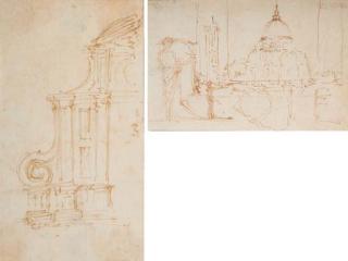 Stefano Della Bella - Une façade d\'église; et Vue du dôme de Santa Maria del Fiore à Florence à travers une fenêtre, un personnage sur la gauche