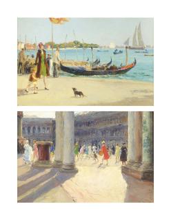 Stefano Novo - Figures In The Piazza San Marco, Venice; And A Stroll By The Gondolas