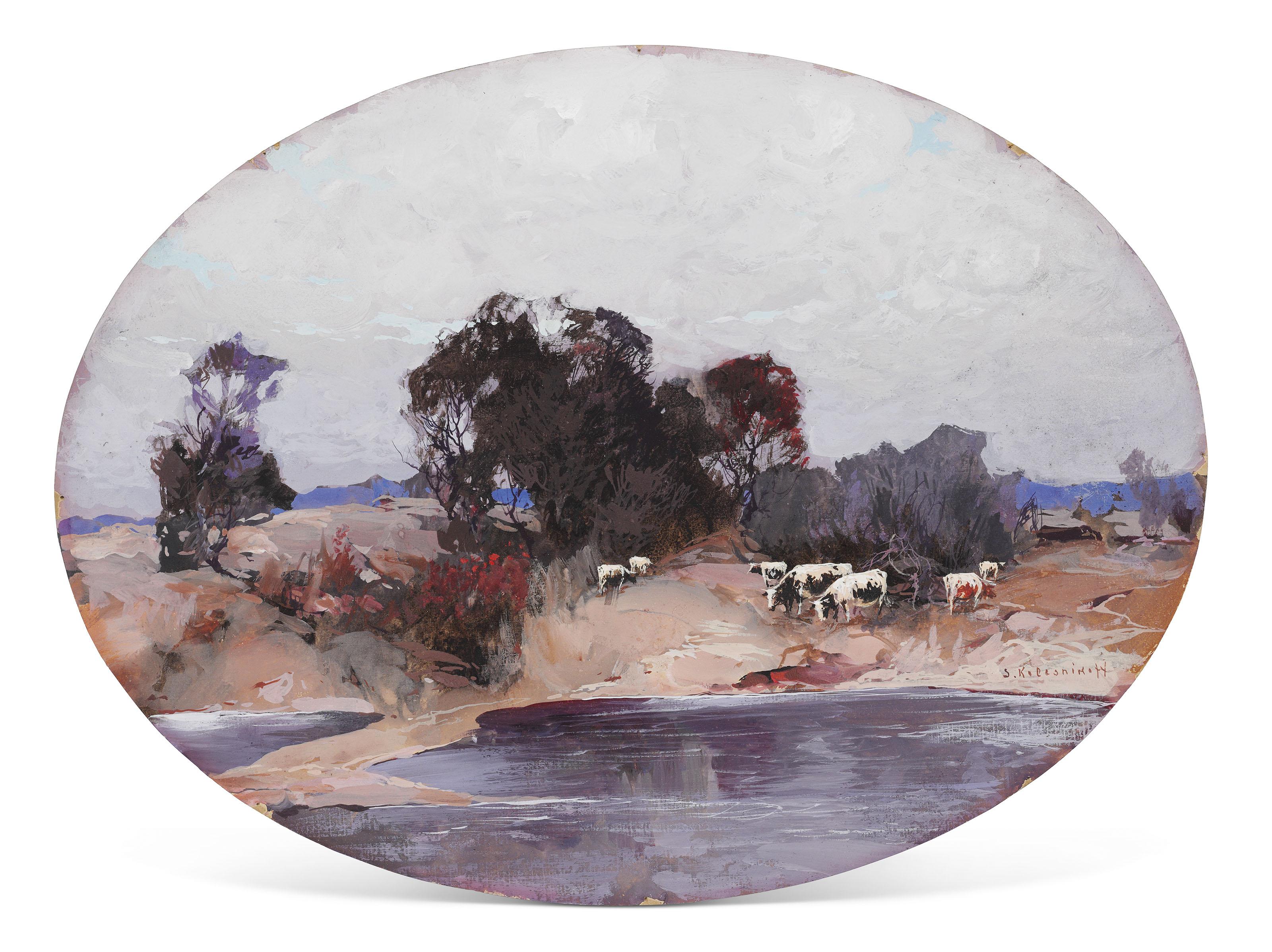 Stepan Kolesnikoff - Livestock grazing by the river; Mountainous landscape; and Riders in the mountains