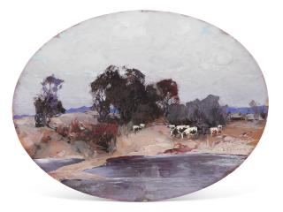 Stepan Kolesnikoff - Livestock grazing by the river; Mountainous landscape; and Riders in the mountains