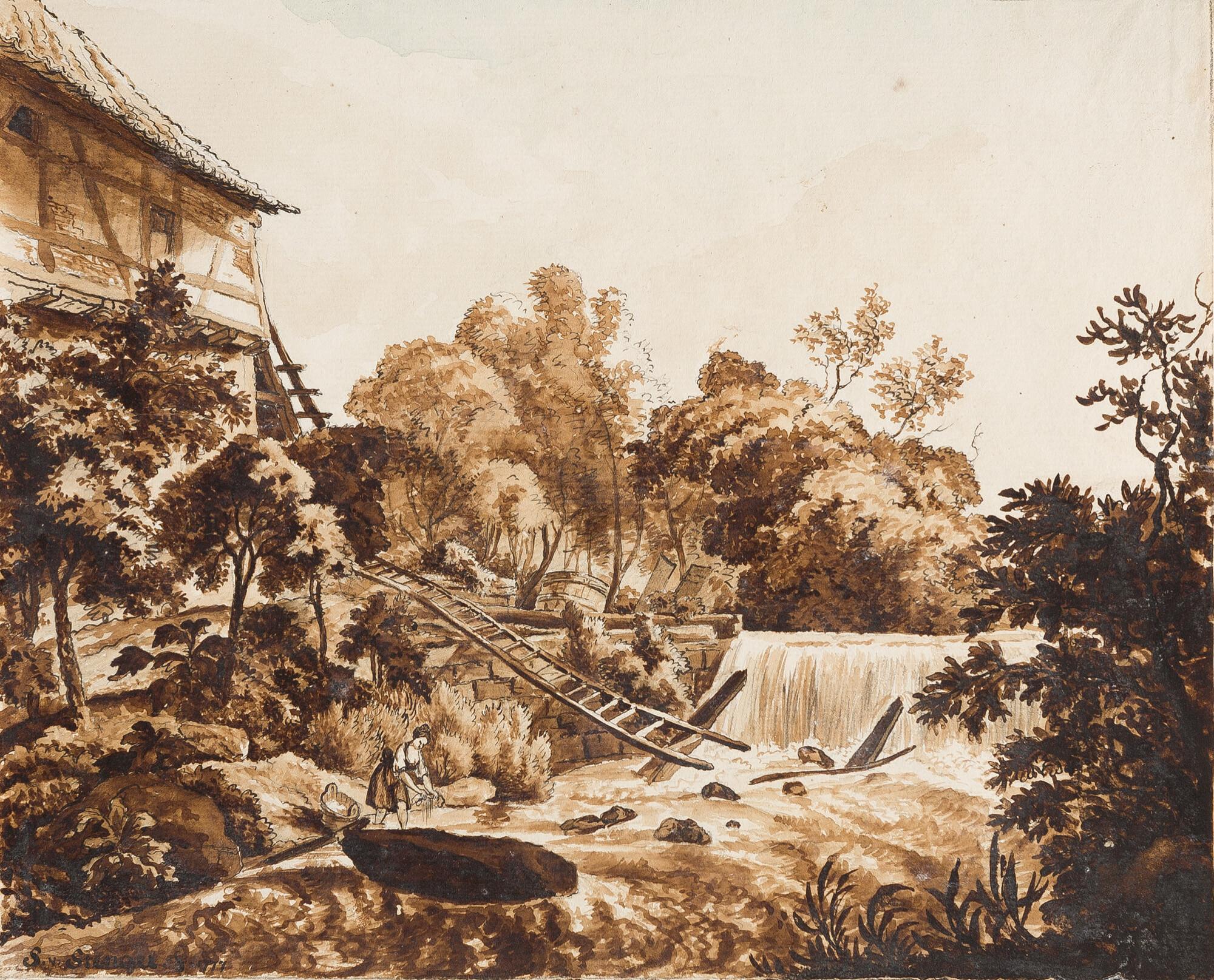 Stephan Christian Freiherr von Stengel - Blick auf eine Mühle mit Wäscherin am Fluss („bey Schriesheim“).