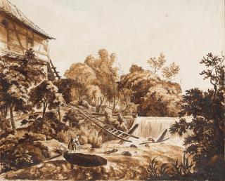 Stephan Christian Freiherr von Stengel - Blick auf eine Mühle mit Wäscherin am Fluss („bey Schriesheim“).