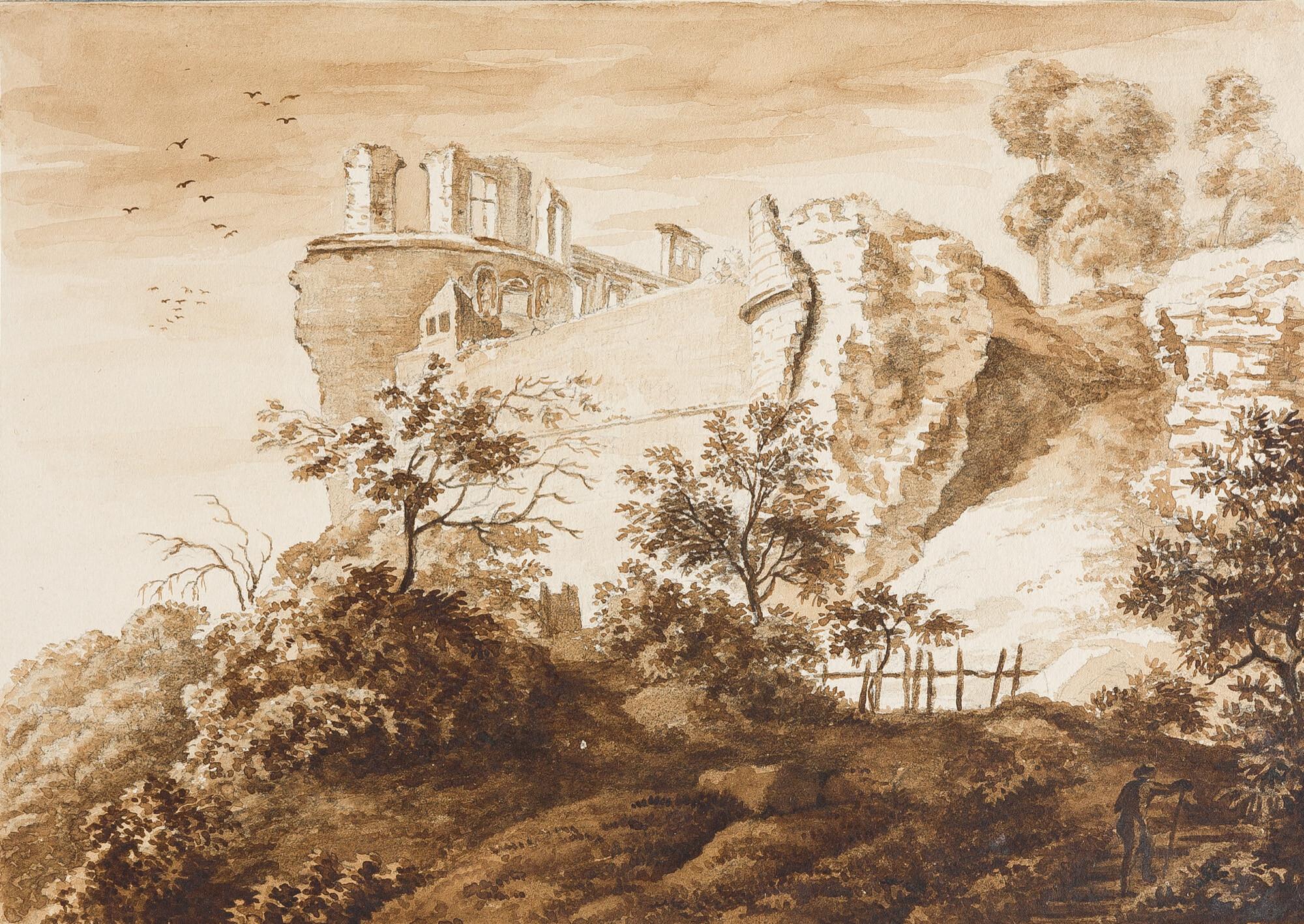 Stephan Christian Freiherr von Stengel - Das Heidelberger Schloss mit aufsteigendem Wanderer.