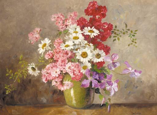 Stephanie Trauttweiller - Daisies, roses and clematis in a vase