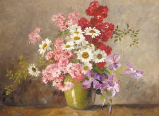 Stephanie Trauttweiller - Daisies, roses and clematis in a vase