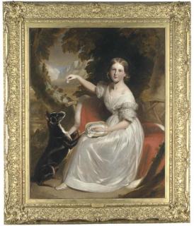 Stephen Catterson Smith The Elder - Portrait of Marianne Gage, full-length, seated on a red cloak trimmed with ermine, feeding a dog in a wooded mountain landscape