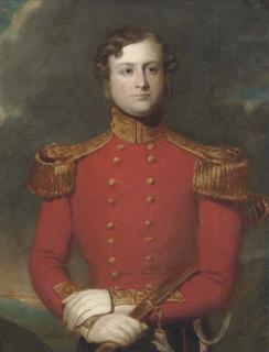 Stephen Catterson Smith - A Portrait of Richard French of The 52Nd Light Infantry, Standing Half-Length, In Full Uniform Holding A Sword, A Landscape Beyond