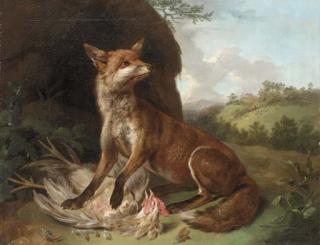 Stephen Elmer A.R.A. - A fox with a dead cockerel in a landscape