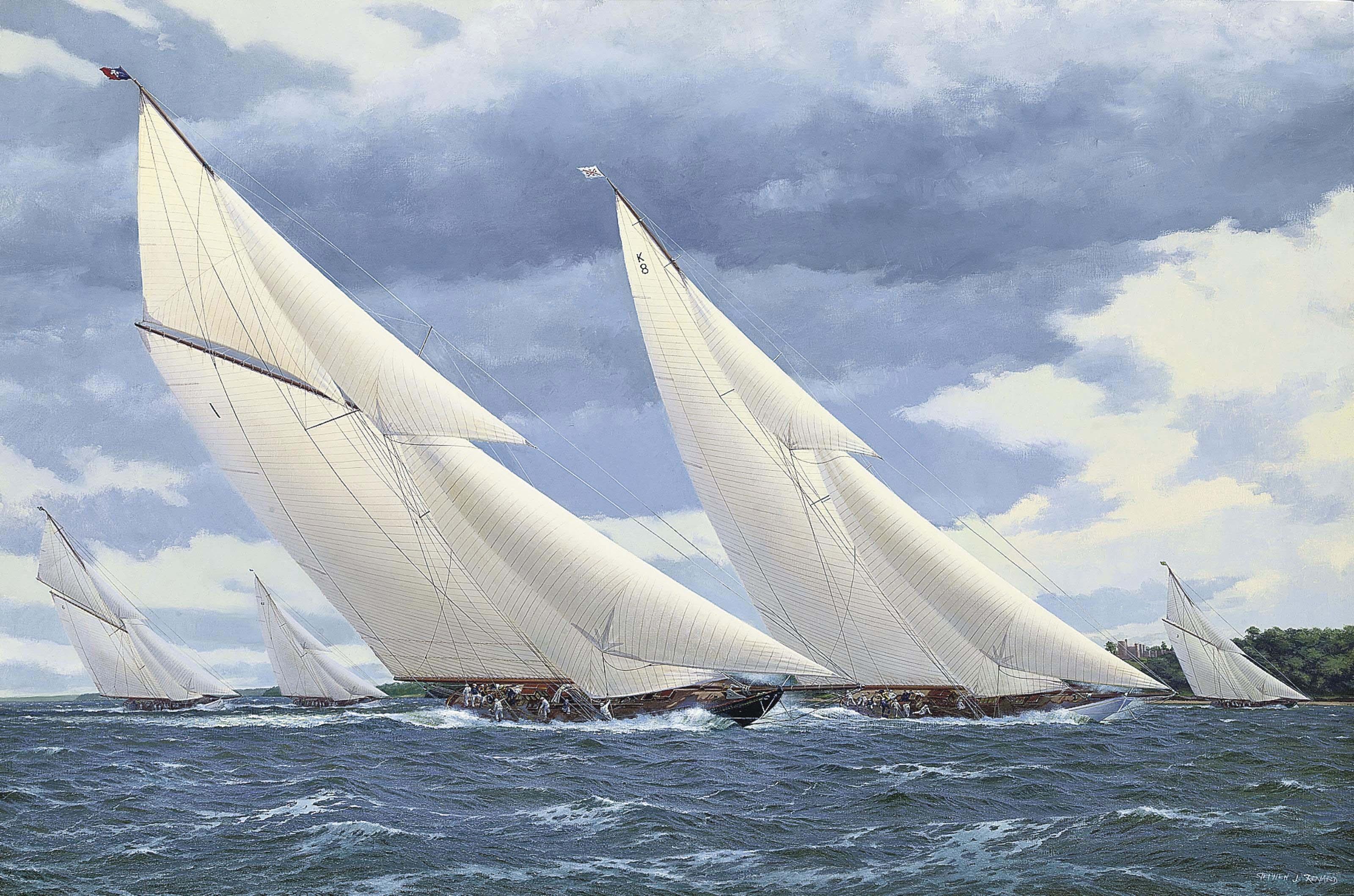 Stephen J. Renard - Britannia and Candida racing in the Solent off Norris Castle, Isle of Wight, Cowes Week, 1930