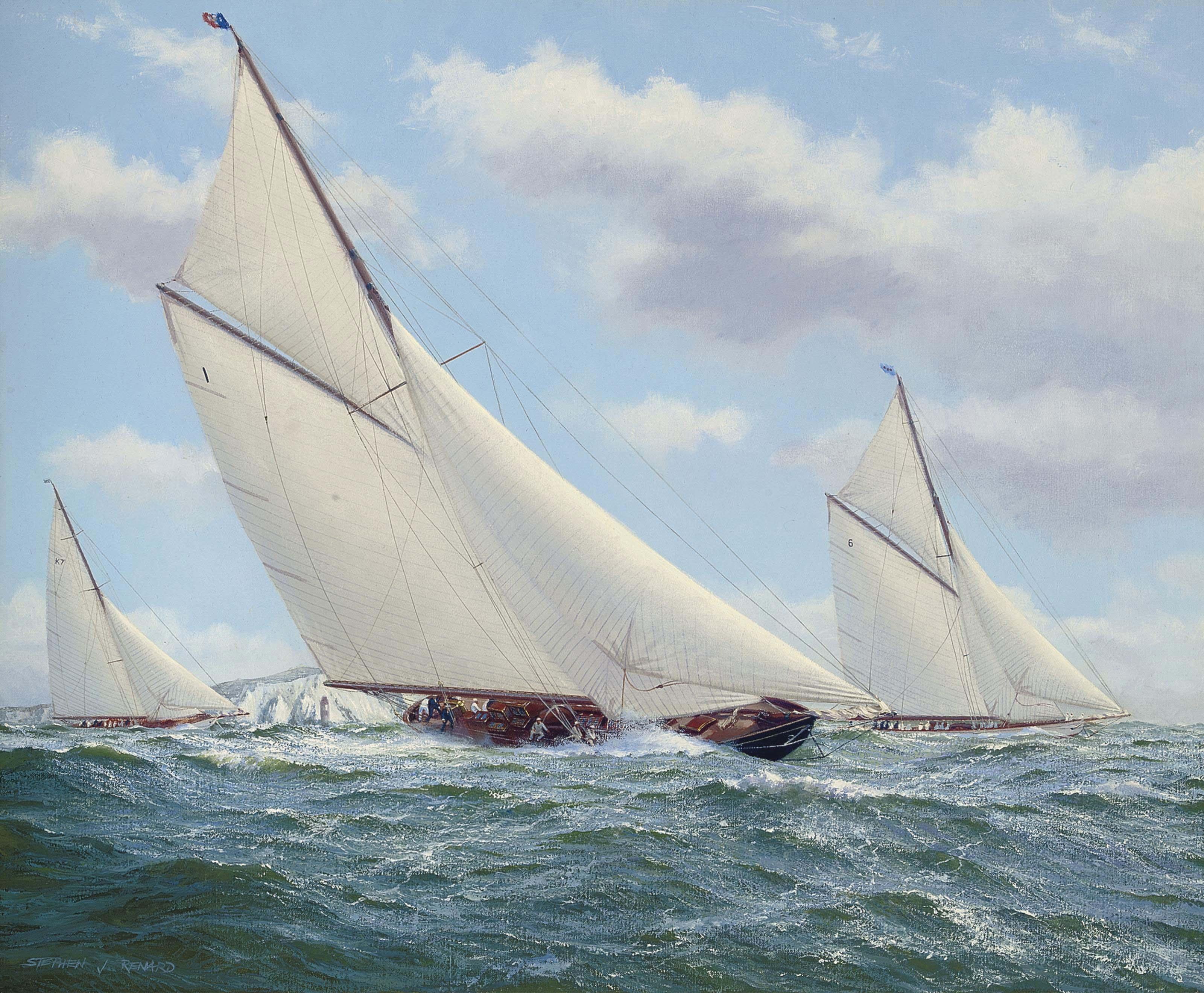 Stephen J. Renard - Britannia, Lulworth and Candida racing to windward off the Needles, Isle of Wight